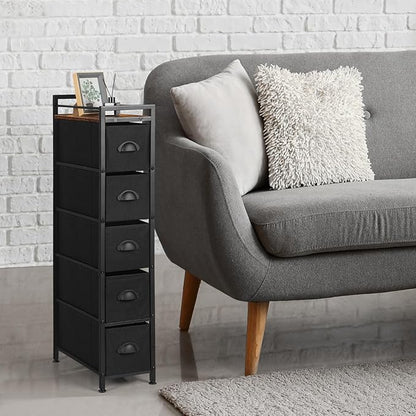 HAITRAL 5 Drawers Narrow Dresser, Fabric Drawer Storage Cabinet, Vertical Standing Storage Chest, Gaps Organizer with Removable Drawers and Wooden top for Laundry, Living Room, Entryway (Black)