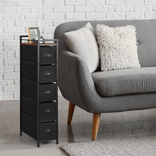 HAITRAL 5 Drawers Narrow Dresser, Fabric Drawer Storage Cabinet, Vertical Standing Storage Chest, Gaps Organizer with Removable Drawers and Wooden top for Laundry, Living Room, Entryway (Black)