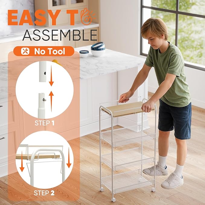 Sekey 4 Tier Rolling Cart Metal, Slim Storage Cart for Kitchen, Mobile Utility Cart with Wooden Top, Narrow Organizers and Storage with Universal Wheels, for Small Space, Bathroom, Laundry Room, White