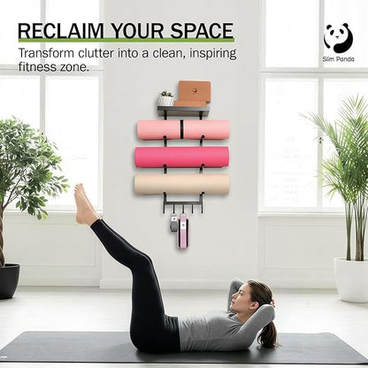 Slim Panda Yoga Mat Holder Wall Mount With Mesh Bag,Yoga Accessories Storage Rack,Home Gym Organizer with Metal Floating Shelf & 5 Hooks for Hanging Yoga Mats, Foam Roller, Resistance Bands