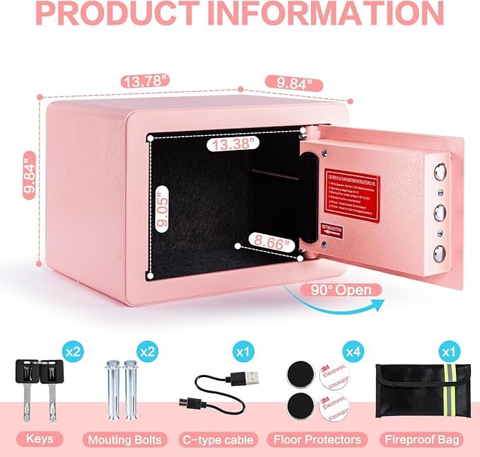 0.6 Cubic Feet Biometric Safe, Fingerprint Safe W/Fireproof Bag, Removable Shelf, Alarm System, Digital Electronic Money Box for Cash, Document, Home, Hotel Use,Pink, 9.84"D x 13.78"W x 9.84"H