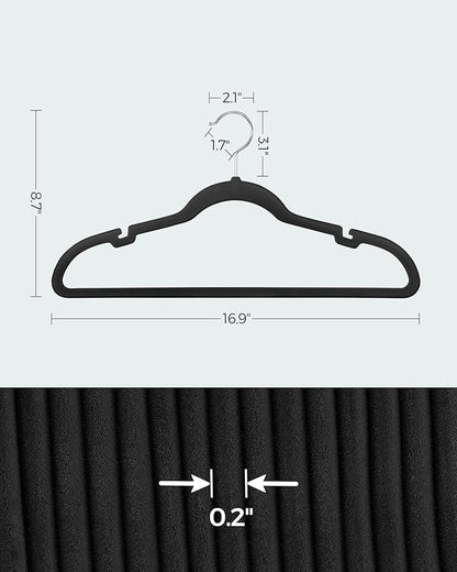 SONGMICS Velvet Hangers 100 Pack, Non-Slip Clothes Hangers with Shoulder Notches, Pants Bar, 360° Swivel Hook, Space-Saving, for Closet, Ink Black UCRF029B010