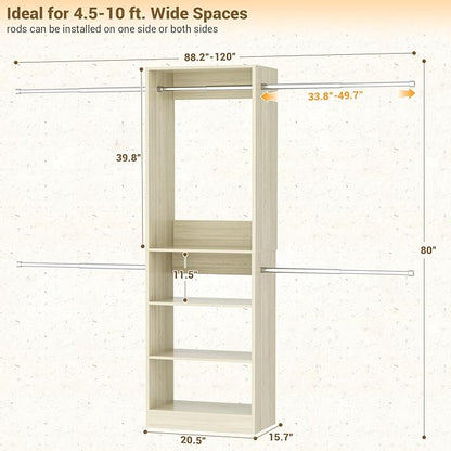 Homieasy Closet Organizer System, 4.5-10ft Modular Wooden Storage with 5 Hanging Rods & Shelving Tower, Adjustable for Walk-in Reach-in Bedroom Closets, Light Oak