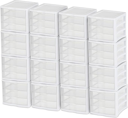 Sterilite ClearView Compact Stacking 3 Drawer Storage Organizer System for Crafting Supplies, Home Office, or Dorm Room, (16 Pack)