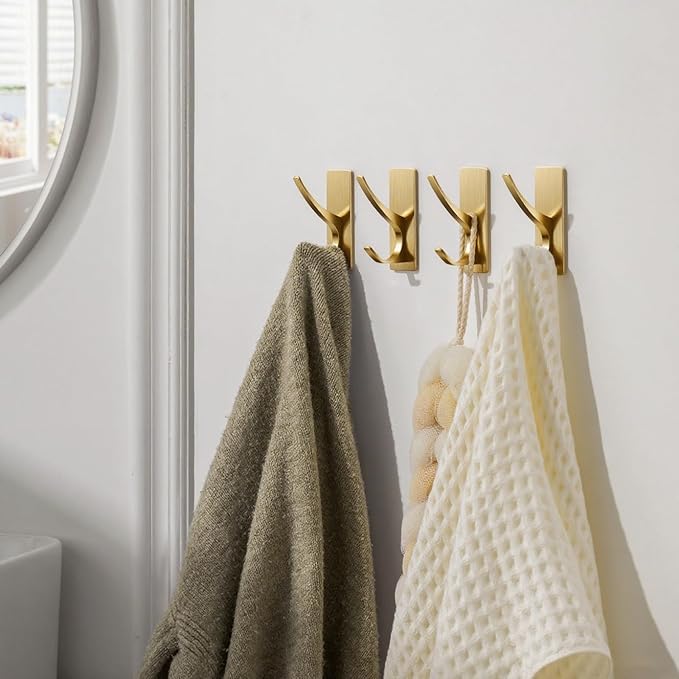 Gold Self Adhesive Towel Hooks, Extra Sticky and Strong 10LB, Stainless Hook for Bathroom, 4 Pack