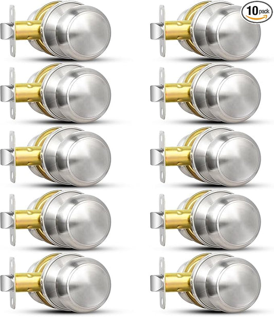 Sopoby Brushed Nickel Door Knob, 10 Pack Round Keyless Doorknobs Interior/Exterior Lockset, Passage Locking Door Knobs for Bedroom/Bathroom, Modern Design Door Hardware
