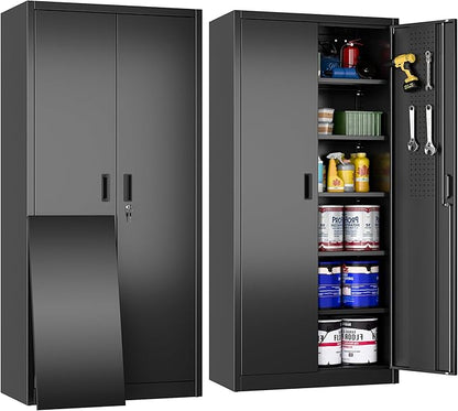 Lockable Garage Storage Cabinet with 5 Adjustable Shelves, 71" H Black Metal Storage Cabinet with 2 Pegboard Doos for Garage, Home, Assembly Required, Black