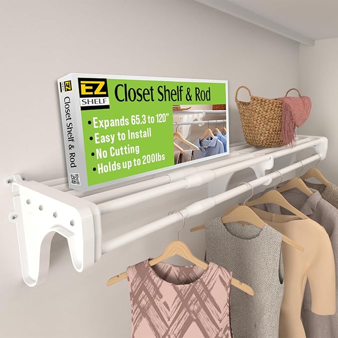 EZ Shelf - White Expandable 65.3” to 120” Closet Rod and Shelf - 200 lbs. Capacity – Quick - Install Closet Shelves for Closets, Laundry Rooms, and Offices – Mounts to Back Wall with 2 End Brackets
