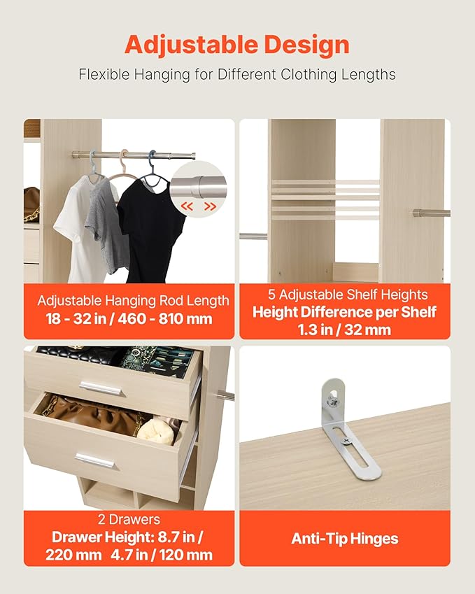 VEVOR Closet System with 2 Drawers, Adjustable Height Wooden Closet Organizers, Modern Walk-in Wardrobe Organization with 5 Retractable Clothes Hanger Rods, Freestanding Garment Rack Storage, Grey