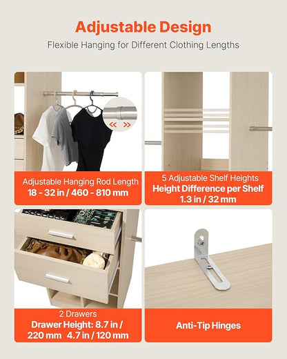 VEVOR Closet System with 2 Drawers, Adjustable Height Wooden Closet Organizers, Modern Walk-in Wardrobe Organization with 5 Retractable Clothes Hanger Rods, Freestanding Garment Rack Storage, Grey