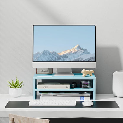 Marbrasse Monitor Stand Riser, 16.5 Inch 2 Tier Computer Printer Shelf Stand for Laptop Computer Screen Storage, Desktop Stand with Phone Holder and Cable Management (Blue)