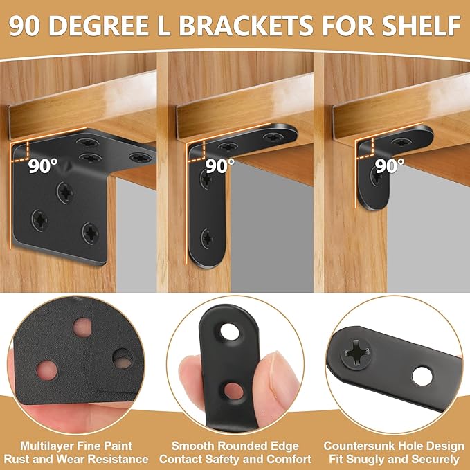 25Pcs L Brackets for Shelves, 3 Sizes Angle Corner Braces Metal L Bracket Heavy Duty for Wood, Sturdy and Rustproof for Repairing Furniture with 82Pcs Screws Mounting Bracket Easily Black