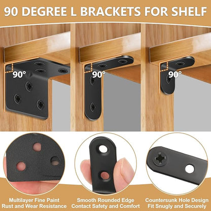 25Pcs L Brackets for Shelves, 3 Sizes Angle Corner Braces Metal L Bracket Heavy Duty for Wood, Sturdy and Rustproof for Repairing Furniture with 82Pcs Screws Mounting Bracket Easily Black