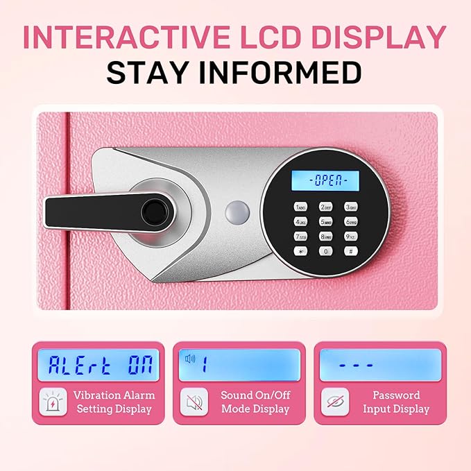 BlackSmith Home Biometric Safe 1.0 Cub Quick Access Fingerprint Lock Box With Keys Keypad Wall Mount Cabinet Safe Secure Money Jewelry with Fireproof Bag Mute Mode LED Light, Pink