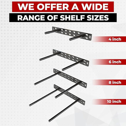 Set of 2 Floating Shelf Brackets 11 inch Multiple Mounting Location Baseplate/Heavy Duty Black Painted Mild Steel Bracket Hidden Wall Shelves Support Hardware Mount Kitchen/Nursery Decor (6 inch Rods)