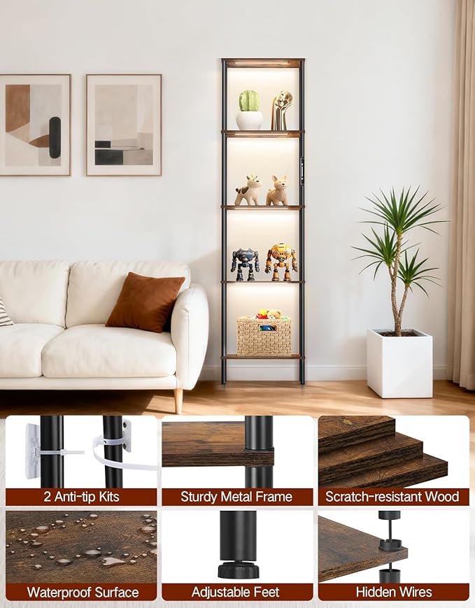 5 Tier Tall Display Shelves with LED Lights, Touch & Remote Control, Dimmable Display Cabinet, Open Bookshelf with 3 Color Temperature, Timer for Living Room, Bedroom, Home Decor