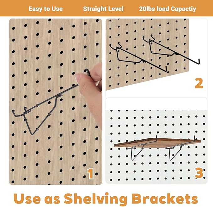 10-Pack Pegboard Shelf Hooks, 8" Black Metal Pegboard Shelf Brackets, Heavy Duty Peg Board Shelving Organizer Accessories for Garage Workshop Storage System