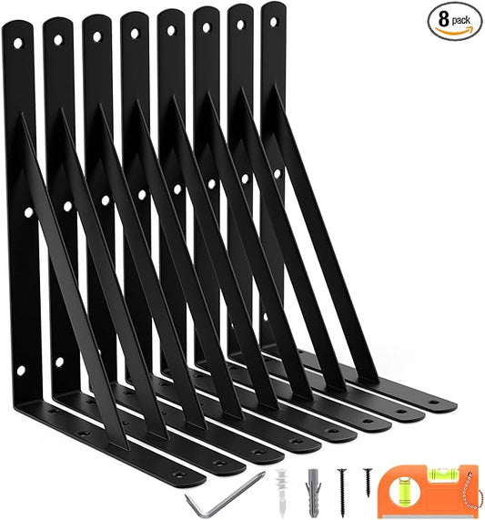 8-Pack 11 Inch Heavy Duty Shelf Brackets, Large Floating Wall Bracket for Garage Storage Shelves, Black Powder-Coated Finish, Load Capacity 800lbs