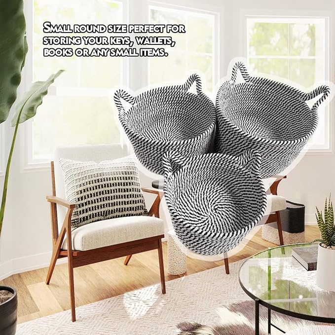 Small Woven Baskets | Mini Storage Bins | Cotton Rope Baby Nursery Organizers | Cute Round Cat Ears Basket for Organizing Desk Decor Kids Toy Dog Cat Baby Girls Gifts-Set of 3(Black white)