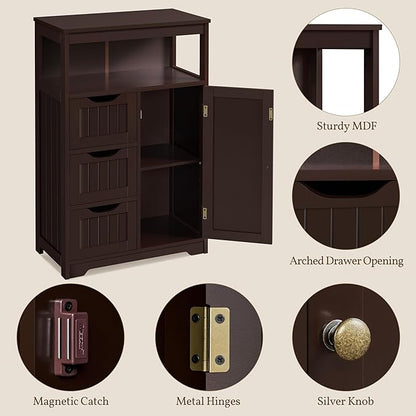 Yaheetech Wood Bathroom Floor Cabinet with 3 Drawers &1 Cupboard, Free Standing Storage Organizer Hallway Entryway Cabinet for Living Room Kitchen, Espresso