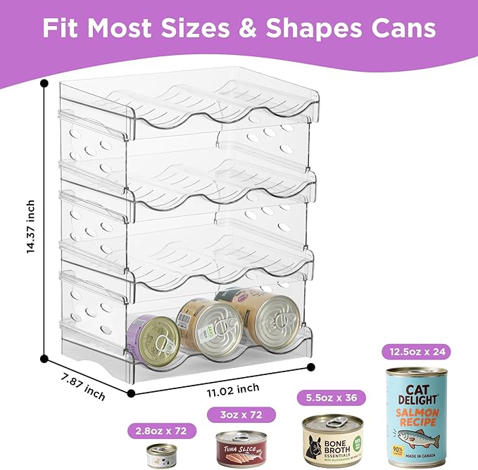 REFLYING Cat Food Can Organizer, Can Organizer for Pantry, Transparent Cat Food Storage Container Holds 72 (3.5oz) Cans, Canned Food Organizer and Storage for Countertop Kitchen Cabinet (4 Layers)
