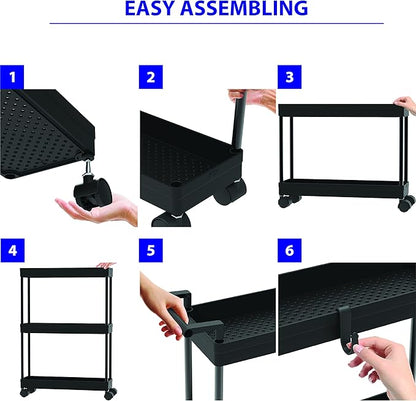 Simple Houseware 3-Tier Slim/Narrow Storage Cart with Handle, 5.5'' Wide x 26.5'' Height Rolling Organizer for Kitchen, Bathroom, Laundry Room - Black