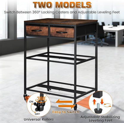 3D Printer Filament Storage Shelf with Drawers& Wheels, Heavy Duty 2-Tier 3D Printer Filament Metal Stand with Storage, Adjustable Filaments Organzied Rack for Workshop Studio Office, 4 Leveling Feet