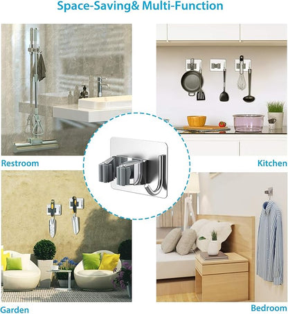 Mop Broom Holder No Drill, Mop Broom Organizer Wall Mounted Heavy Duty with Hooks Hanger, Self Adhesive Stainless Steel 4Pcs for Bathroom, Kitchen, Office (Silver)