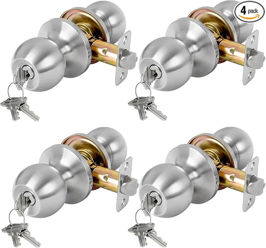 4 Pack Keyed Entry Door Knob with Lock and Key, Exterior and Interior Door Knob for Bedroom or Bathroom, Satin Nickel, Not Keyed Alike