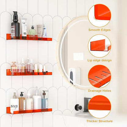 6 Pack Floating Shelves –15'' Orange Acrylic/PET Wall-Mounted No Drill Storage with Adhesive, Bathroom & Bedroom Shelving for Kitchen, Living Room, Home Decor