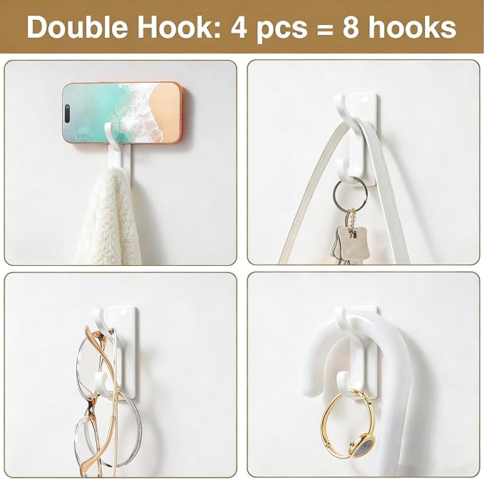 pickpiff Wall Hooks with Adhesive Strip - Easy to Remove, No Residue, Strong Heavy Duty Sticky Towel Hook, 4 Pack White
