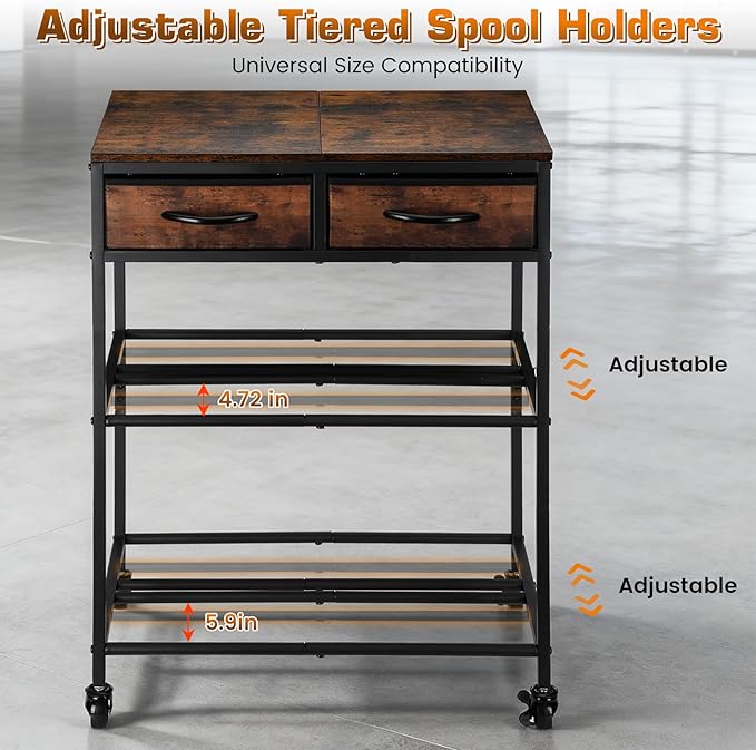 3D Printer Filament Storage Shelf with Drawers& Wheels, Heavy Duty 2-Tier 3D Printer Filament Metal Stand with Storage, Adjustable Filaments Organzied Rack for Workshop Studio Office, 4 Leveling Feet