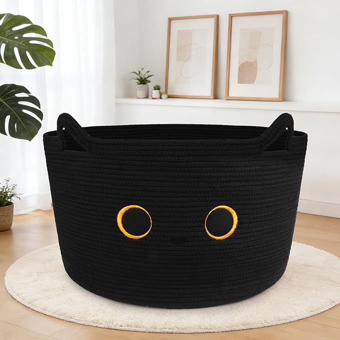 Large Black Cat Basket for Nursery, Cute Cat Woven Laundry Blanket Cotton Rope Extra Storage Basket with Handles, 0rganize Decorative Gifts for Towels Pillow Clothes Hamper Toy Bin,23"D×13"H