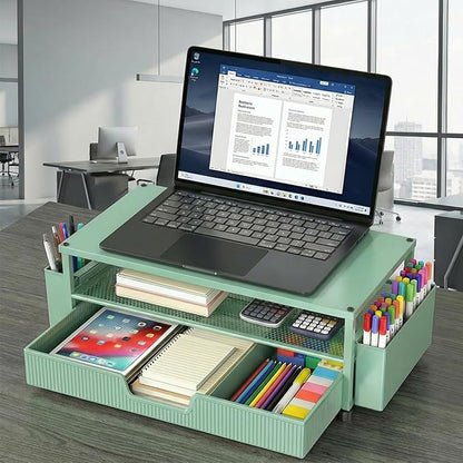 Desk Organizer and Accessories, 2-Tier Computer Monitor Stand Rise with Storage Drawer & 2 Pen Holders, Laptop & Printer Stand for Desktop, Workspace Organizers for Office Supplies (Green)