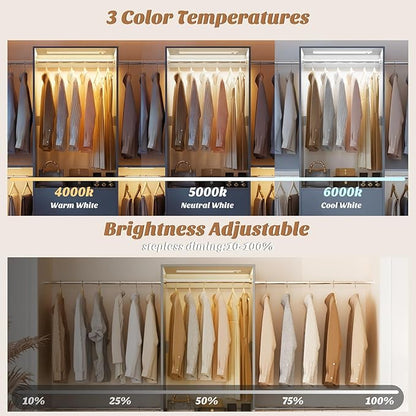 Aheaplus Closet System with Motion-Sensing Light, 3 Wooden Drawers and 4 Hanging Rods, Customizable Walk-in Closet Organizer with 3CCT LED, Heavy Duty Garment Rack for Bedroom,Grey