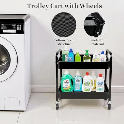 2 Tier Rolling Cart with Wheels for Under Desk Storage & Pantry Room, Large Capacity Laundry Room & Makeup Organizer, Sturdy Kitchen Utility Cart for Small Space with 4 Hooks, Black