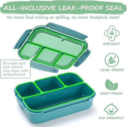 QQKO Bento Box for Kids Adults, School Toddler Lunch Box for Boys Girls, Lunch Box Containers with 4 Compartments, Sauce Container, Utensils, Food Picks and Muffin Cups for School, Green