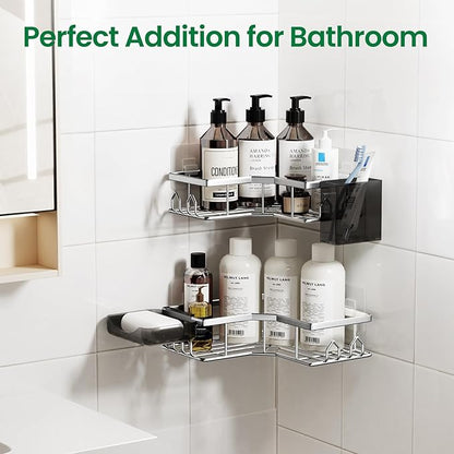 Adhesive Shower Caddy, 4 Pack Corner Bath Organizer, Rustproof Stainless Steel Shower Shelves with Large Capacity, No Drilling Shelves for Bathroom Storage, Home, Kitchen Decor (Silver).