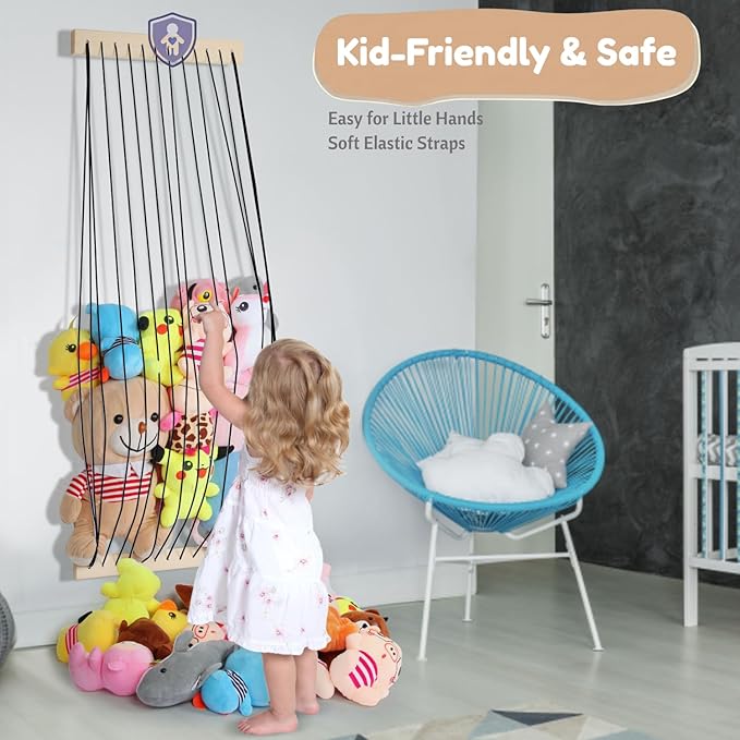 Stuffed Animal Storage Wood Soft Toy Organizer for Kids Room，Cute and Durable Wall or Door Mount Length Adjustable Hanging Stuffed Animal Toy Organizer Shelf for Nursery Play Room Black -Patent