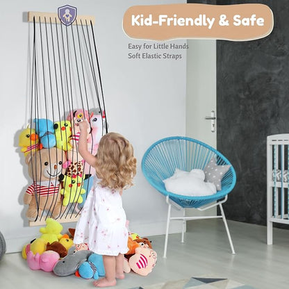 Stuffed Animal Storage Wood Soft Toy Organizer for Kids Room，Cute and Durable Wall or Door Mount Length Adjustable Hanging Stuffed Animal Toy Organizer Shelf for Nursery Play Room Black -Patent
