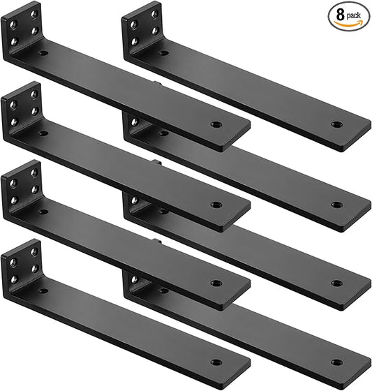 Floating Shelf Brackets 8 inch, Heavy Duty Wall Shelf Bracket 8 Pack for Shelves Support, Hidden Metal L Brackets with Mounting Hardware (1/5'' Thick)