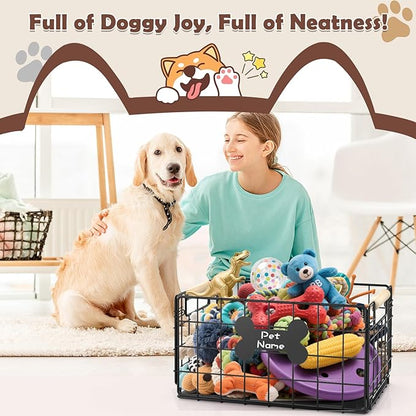 Dog Toy Basket, Chew-Proof Metal Dog Toy Bin with Handles, Pet Stuff Storage Organizer Box for Dogs with Marker Pen, Portable & Foldable Puppy Toys Basket for Living Room, 15.8''×11.8''×11.8''