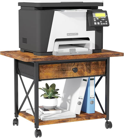 EasyCom 23.6" x 15.7" Under Desk Printer Stand with Storage Drawer, 2-Tier Shelf Desktop Printer Table for Desk with Wheels, Large Rolling Cart for Home Office Fits 3D Printer Scanner Rustic Brown