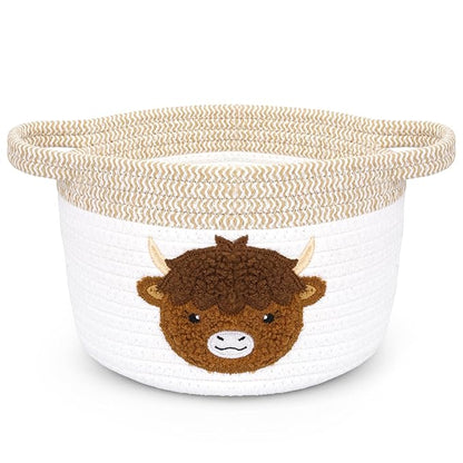 Highland Cow Gift Basket - Small Woven Cotton Rope Organizer Basket for Nursery, Pet Toys & Baby Shower, Foldable Decorative Bin with Handles (7.8x6in)