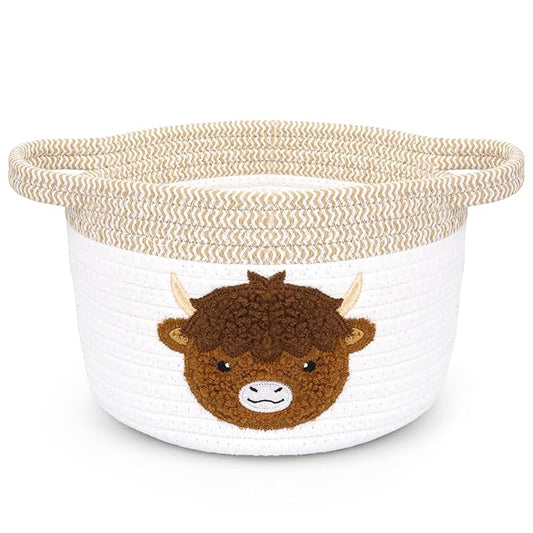 Highland Cow Gift Basket - Small Woven Cotton Rope Organizer Basket for Nursery, Pet Toys & Baby Shower, Foldable Decorative Bin with Handles (7.8x6in)