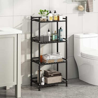 4 Tier Bathroom Storage Open Shelf Unit, Free-Standing Metal Corner Rack Shelving for Kitchen, Living Room, Hallway (Black, Wider 4 Tier)