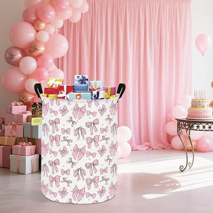 HUNRUNG Laundry Hamper,Large Canvas Fabric Lightweight Storage Basket Toy Organizer Dirty Clothes Collapsible Waterproof for College Dorms（Round-Pink Bow）