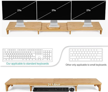Nnewvante Monitor Stand Riser, 60 inch Large Bamboo Dual Monitor Stand for Desk, 3 Shelves Desktop Screen Riser with Adjustable Length Angle for Computer Laptop PC