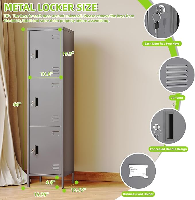 Metal Locker with Hooks and Ventilation Holes,Metal Storage Locker with Keys and Business Card Slot for Home,Gym,Garage,School,Office,66" H×15.75" W× 15.75" D,Assembly Required,Dark Grey