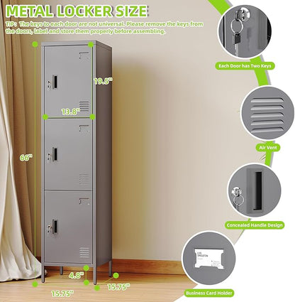 Metal Locker with Hooks and Ventilation Holes,Metal Storage Locker with Keys and Business Card Slot for Home,Gym,Garage,School,Office,66" H×15.75" W× 15.75" D,Assembly Required,Dark Grey